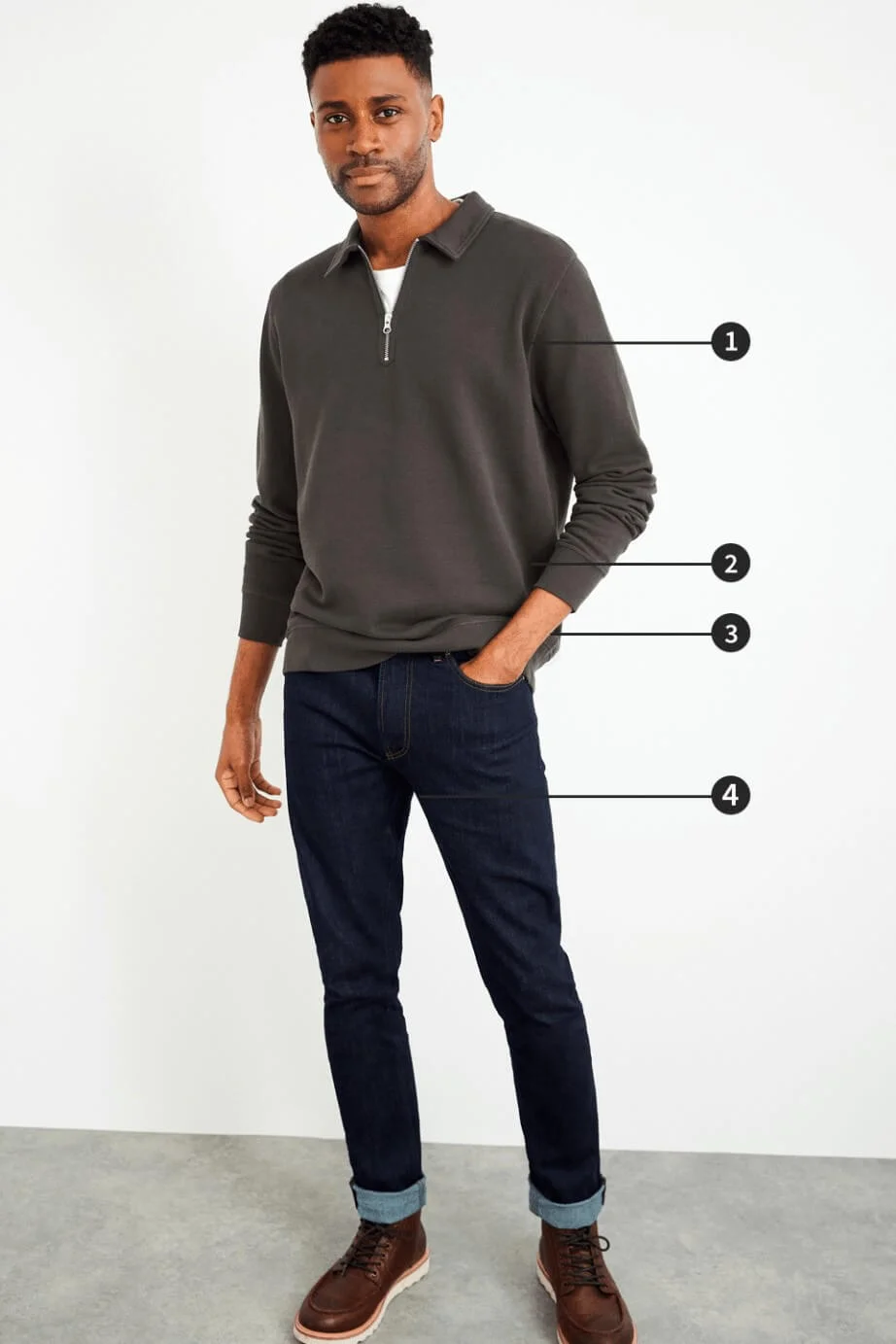 Herren: So misst du richtig- 1. Brust, 2. Taille , 3. Hüften, 4. Beininnenlänge